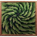 A square Batik painting of verdant green leaves, late 20th century, arranged in a spiral, within a