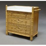 A pine faux bamboo chest of drawers, 20th Century, the rectangular white marble top surmounted
