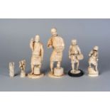 Five Japanese ivory okimono, Meiji period, carved as artisans and a fisherman, 7.5cm - 21.5cm