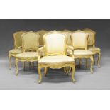 A matched set of ten Louis XV style carved giltwood and gesso salon chairs, 19th Century, with