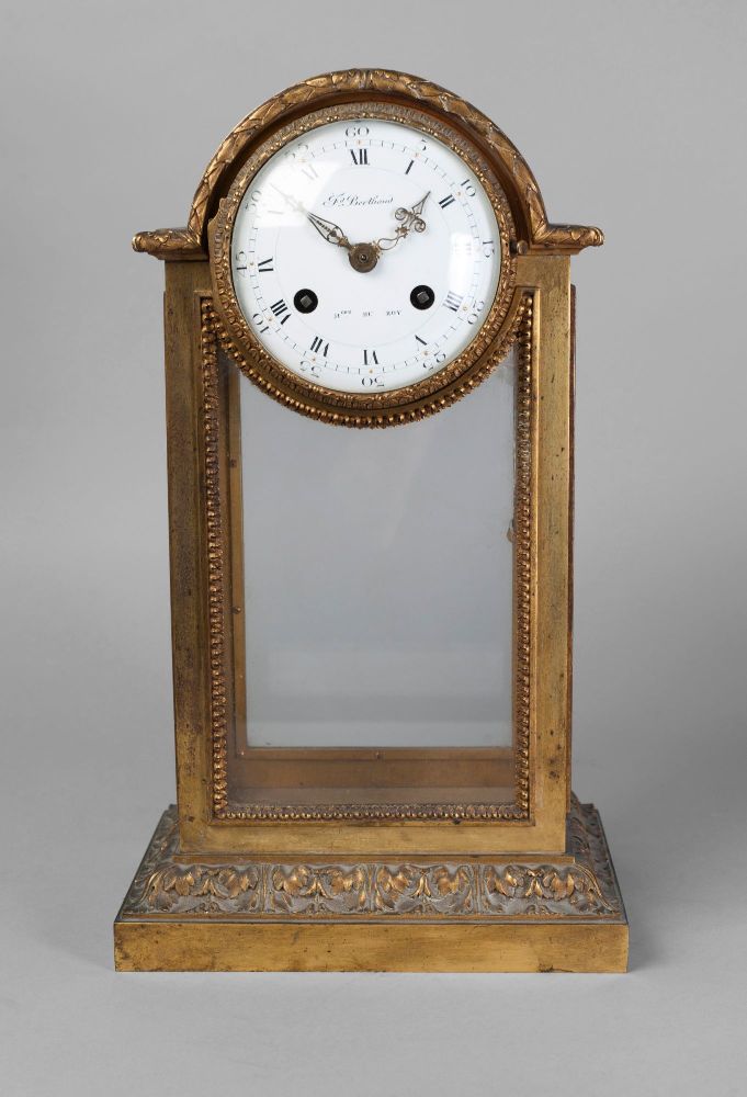 A French gilt bronze mantel clock by Ferdinand Berthoud, 19th century, the case of arched design