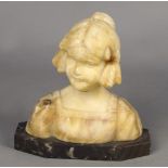 An alabaster bust of of a young girl, early 20th century, modelled with plaits to her hair, on a