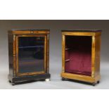 A Victorian ebonised and burr walnut pier cabinet, the glazed door enclosing two shelves, raised