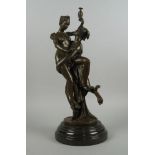 A modern bronze figure group of Mercury carrying a young girl, of recent manufacture, on a stepped