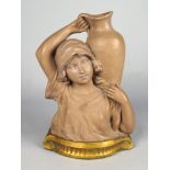 A French plaster bust of a girl holding a water ewer, early 20th century, moulded signature to the