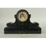 A French black slate and gilt metal clock garniture, late 19th/early 20th century, the clock in