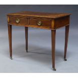 An Edwardian mahogany, cross banded and line inlaid table, the rectangular top above two frieze