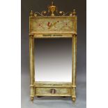 A French polychrome painted and parcel gilt pier mirror, late 19th, early 20th Century, with urn