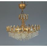 A set of four five light gilt metal and lustre hung ceiling plaffoniers, of recent manufacture, with