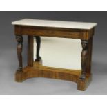 A Regency rosewood console table, the white rectangular marble top above mirrored back panel, with