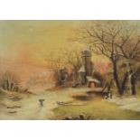 A C Masherson, early-mid 20th century- Woodsman in winter scene; oil on canvas, signed and dated