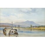 European School, mid/late 19th century- Boat on a lake with mountains beyond; watercolour, 13.