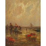 H M Gabriel, late 19th/early 20th century- Dutch flower sellers on the quayside; oil on canvas,