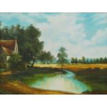 European School, mid-late 20th century- Cottage by a pond; oil on canvas, signed indistinctly,