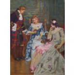 Simon Harmon Vedder, American 1866-1937- Seated ladies with a man in traditional Scottish dress; oil