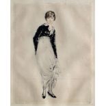 Etienne Adrien Drain, French 1885-1961- Woman standing in long dress with court shoes;etching