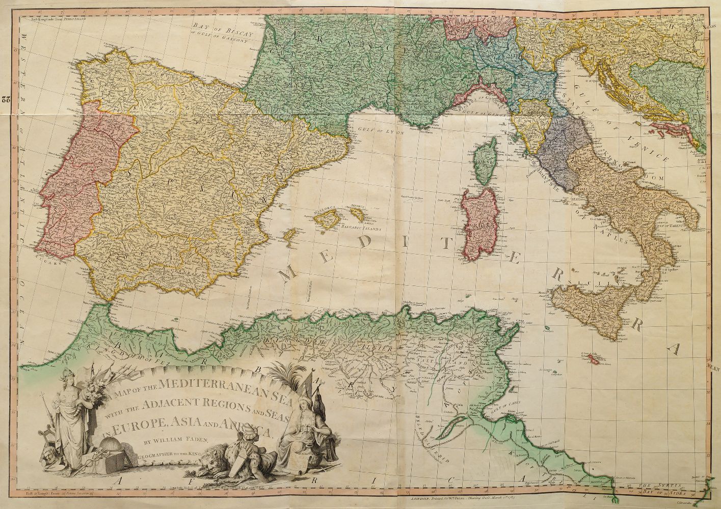 William Faden, British 1749-1836- “A Map of the Mediterranean Sea with the Adjacent Regions and Seas