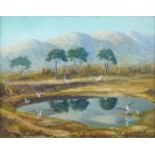 Majewski, Polish, late 20th/early 21st century- Mountainous landscape with birds and lake; oil on