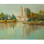Perini Guerina, Italian, 20th century- Lakeside Italianate town; oil on canvas, signed, inscribed