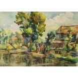 L O Rowell, mid 20th century- House by water's edge; watercolour, signed and dated 57, 36.