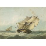 Samuel Atkins, British c.1787-1808- Frigate healing in the breeze; watercolour, signed, 11x15.8cm