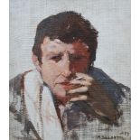 Marcel Delmotte, Belgian 1901-1984- Portrait of a smoking man; oil on hessian stuck down on board,