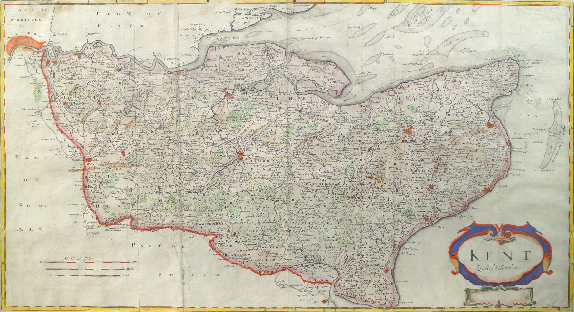 Robert Morden, British 1650-1703- Kent; hand-coloured engraved map, 36x74cm