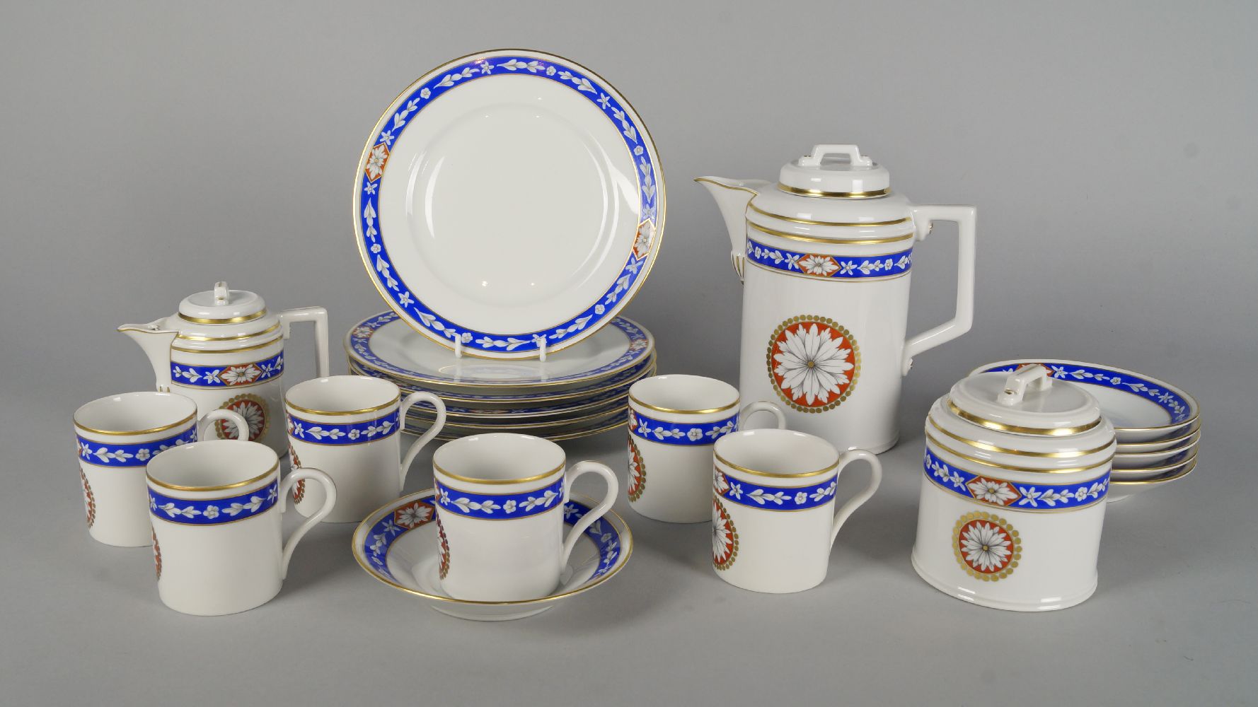 A Hochst porcelain part coffee service, 20th century, decorated with Neo-classical roundels and