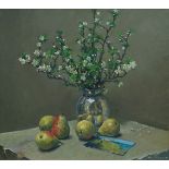 John Whittall, British b.1947- Still life with vase of blossom and pears; oil on canvas, signed,