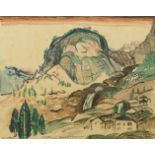 Henri de Waroquier, French 1881-1970- Mountain landscape with cottages; monotype printed in colours,