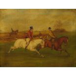 W. Meller, British, late 19th century/early 20th century- Riders jumping a fence; oils on canvas,
