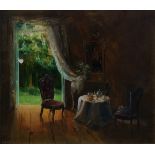 Deborah Jones, British 1921-2012- Parlour interior; oil on board, signed, 20.5x23.5cm, (ARR)