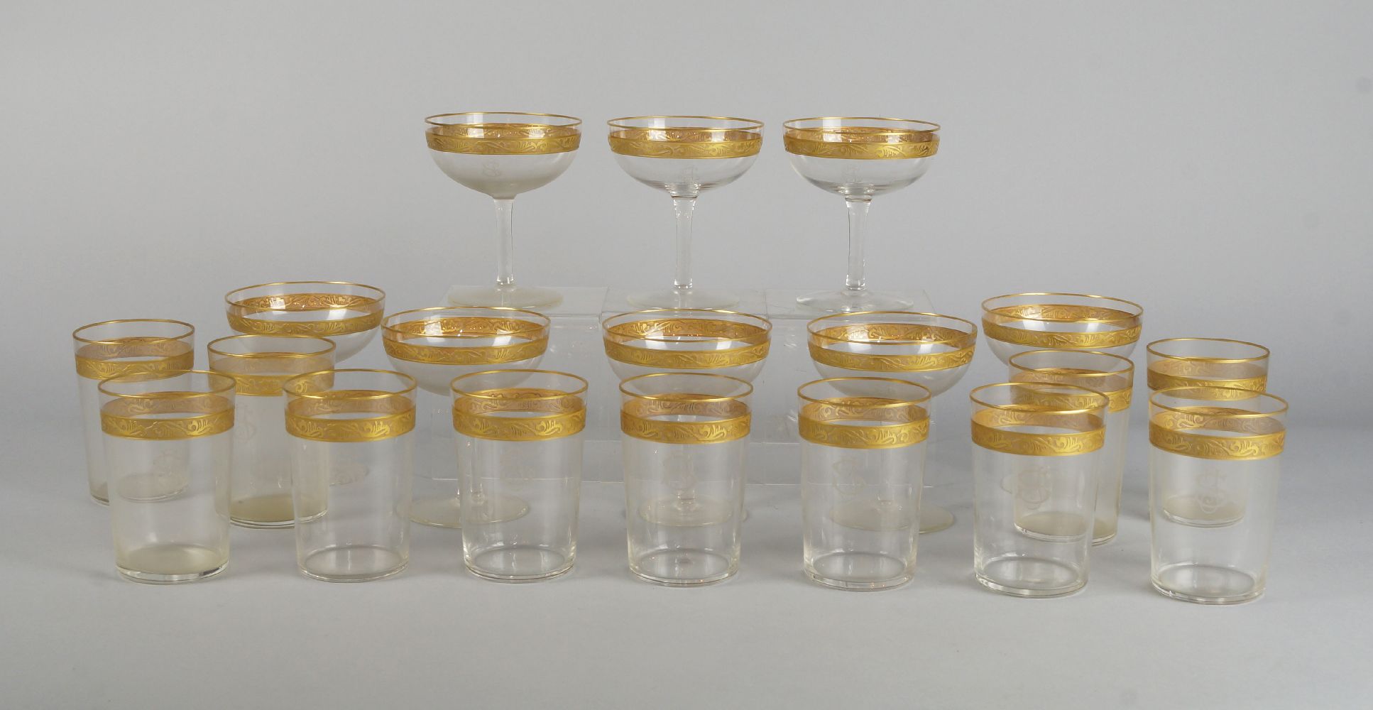 A gilt glass part decanter suite, late 19th/early 20th century, to comprise five decanters, eight - Image 2 of 4