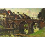 Herman Johannes Ansingh, Dutch 1880-1957- Dutch canal scene with figure on a bridge; oil on
