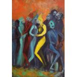 Margaret J Smith, British, mid-late 20th century- “The Yellow Costume”; oil on board, signed with