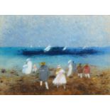 Gabrielle Bellocq, French 1920-1999- Beach scene; pastel, signed, 15.5x20.5cm: together with another