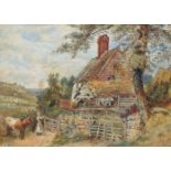 Kate S Webb, British, mid-late 19th century- Young woman with a cow by a cottage; watercolour