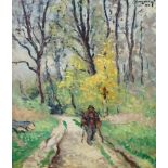 Belgian School, mid 20th century- Man on a woodland path; oil on panel, signed indistinctly and