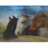 J W Peake, British, late 19th/early 20th century- Three horses at a drinking trough; oil board,