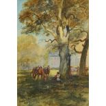 Maurice Toussaint, French 1882-1974- Riders resting under a tree; watercolour, signed and