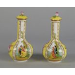 A pair of Vienna style bottle vases, early 20th century, the lids with floral finials, the vases