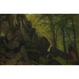 Follower of Johannes Brandt, Danish 1850-1926- Woodland boulders; oil on canvas, signed with