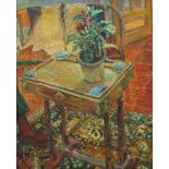 British School, mid 20th century- Interior with potted plant; oil on canvas, 60.5x46cm in a late