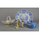 An English pottery tureen and lid, 19th century, printed with pastoral scenes, with a later ladle,