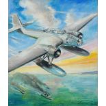 Jean Blummot, French, mid 20th century- Sea plane in flight; oil on board, signed, inscribed and