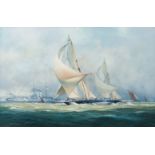 David Brackman, British 1932-2008- Britannia, White Heather 1905 with HMS Dominion; gouache, signed,