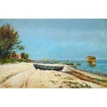 P Rasmussen, Danish, mid-late 20th century- Tree fringed sandy beach with boats and jetties; oil