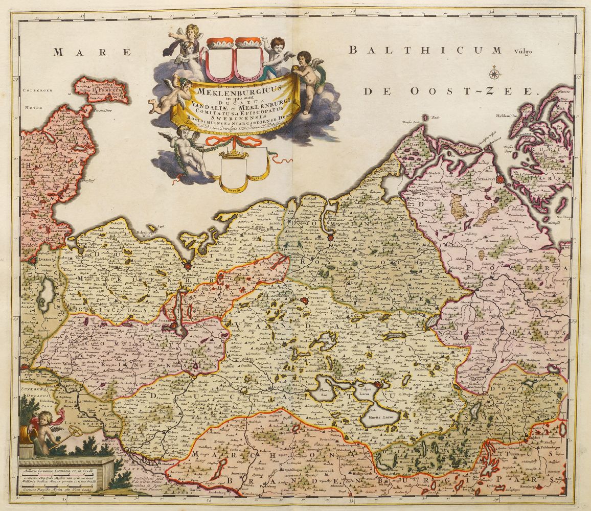 Frederick De Wit, Dutch 1610-1698- “Ducatus Meklenburgicus”…”; hand-coloured engraved map, 54x62.5cm