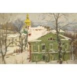 Gavriil Vladimir Sorokolekov, Russian b.1913- “Zagorsk in Winter”, 1965; oil on board, inscribed and