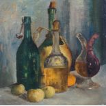 British School, mid 20th century- Still life of bottles and fruit; oil on panel, 21x21cm: British